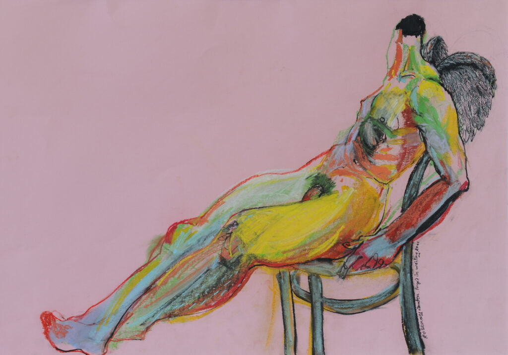 Angel in waiting. Pastel on pink paper. 2001.