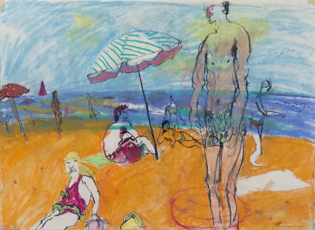Manthy & Paul at the beach. Pastel on paper. 1990.