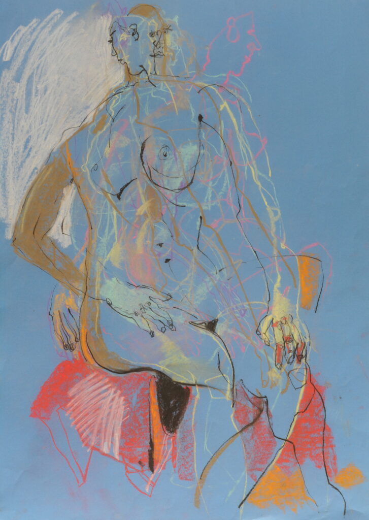 Nudes. Blue background with orange. Pastel.
