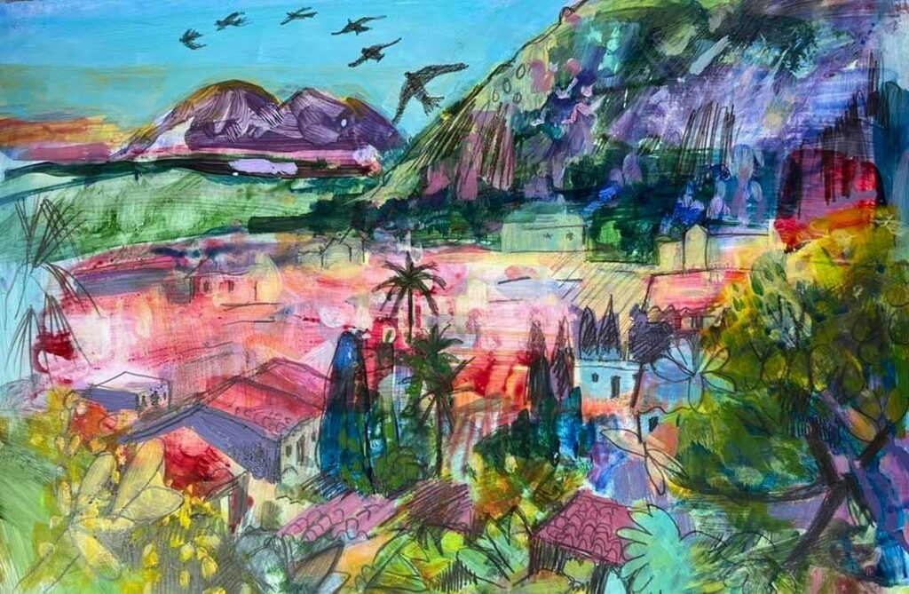 Birds overhead. Pollenca. Acrylic on board. 2021.