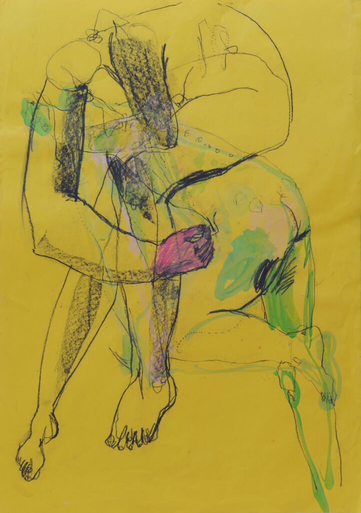 Nude with Pink Hand. Yellow paper, Pastel on paper. c2000.
